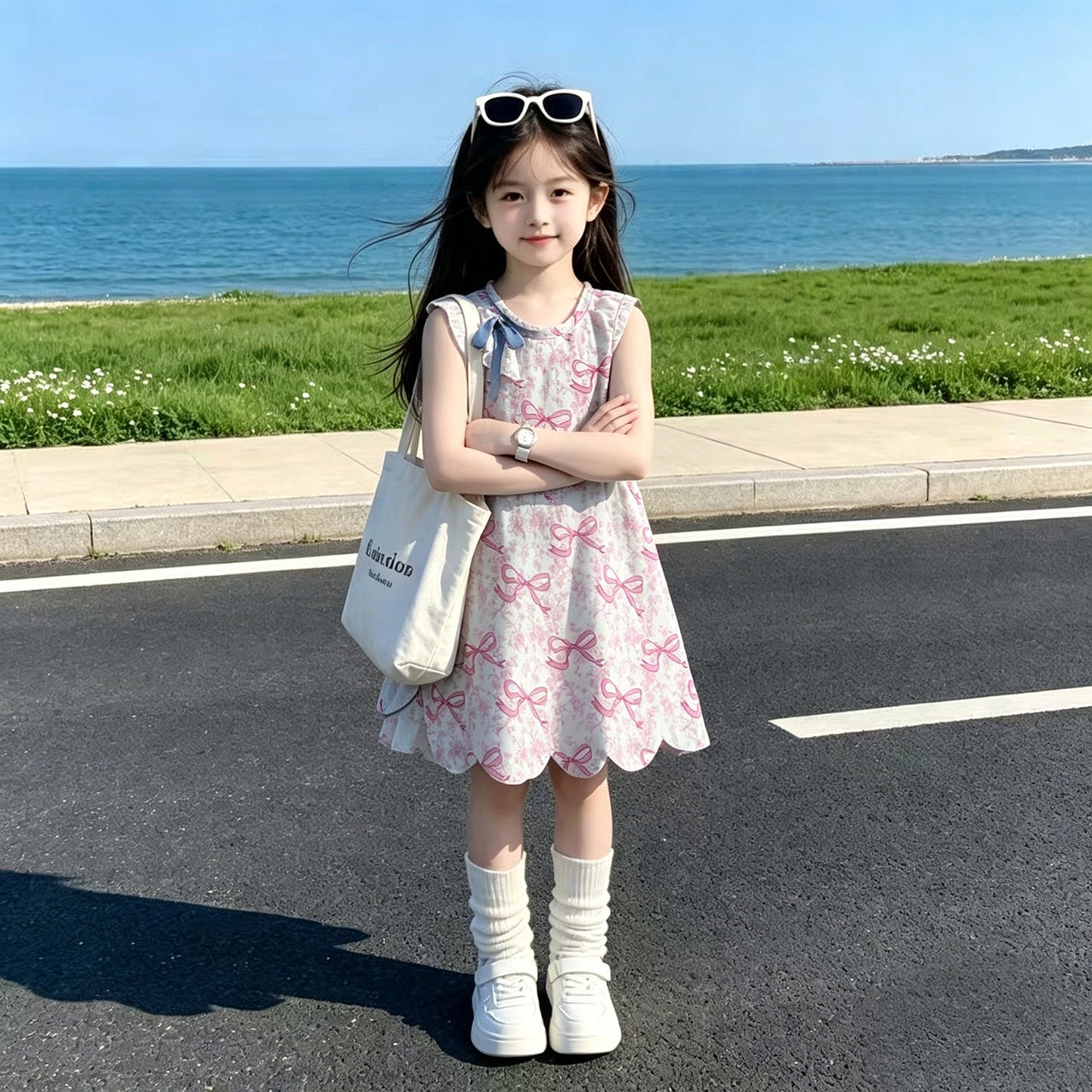 RTS NO MOQ GSD2572 Baby Girls Girls Scallop Trim Floral Pink Bow Active Yoga Dresses