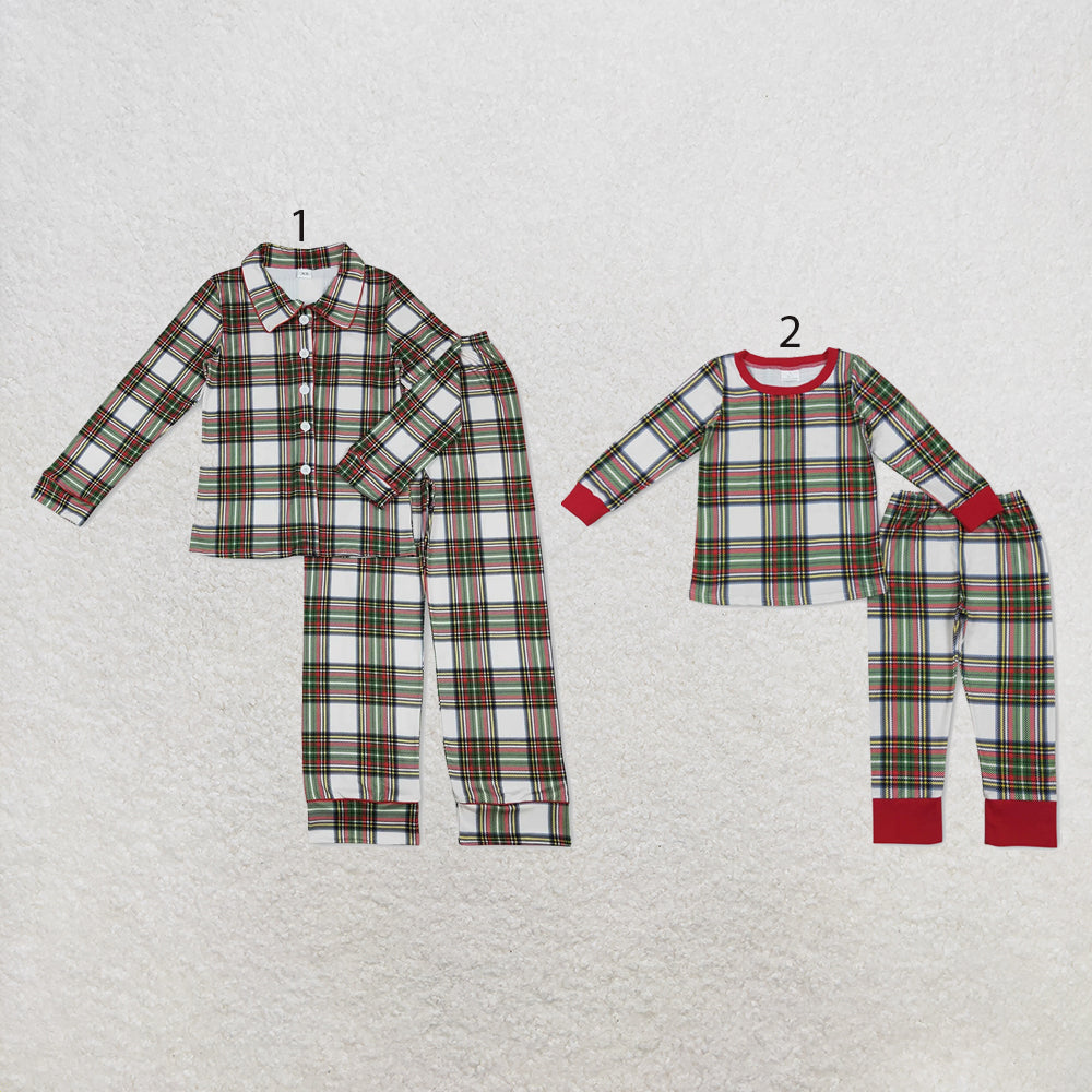 RTS NO MOQ milk silk Sibling Christmas Adult To Match Kids Green And Red Plaid Check Long Sleeve Top Elastic Waist Pants Christmas Pajama Set