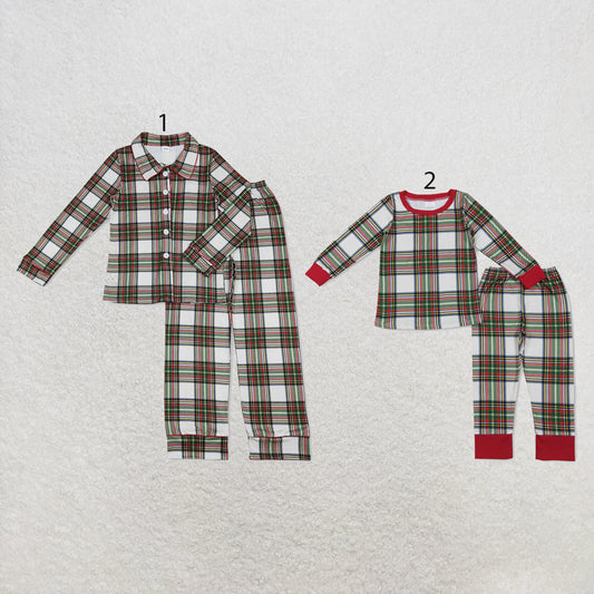 RTS NO MOQ milk silk Sibling Christmas Adult To Match Kids Green And Red Plaid Check Long Sleeve Top Elastic Waist Pants Christmas Pajama Set