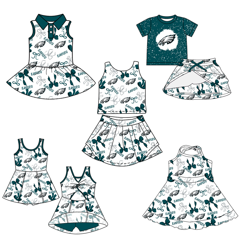 Custom moq 5 mix sizes summer teams baby girls clothes team green short sleeve skirts shorts sets 1 and skirts sets 2 and and skirts sets 2 and dress 1 and dress 2 and dress 3 and dress 4-25.6.9