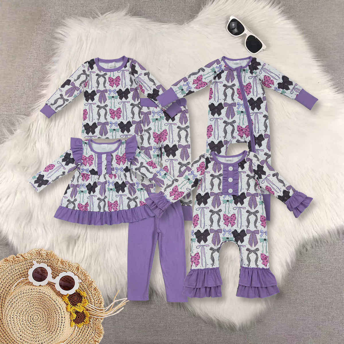 RTS NO MOQ Sibling Baby girls clothes Halloween bow purple long-sleeved trousers suit & rompers