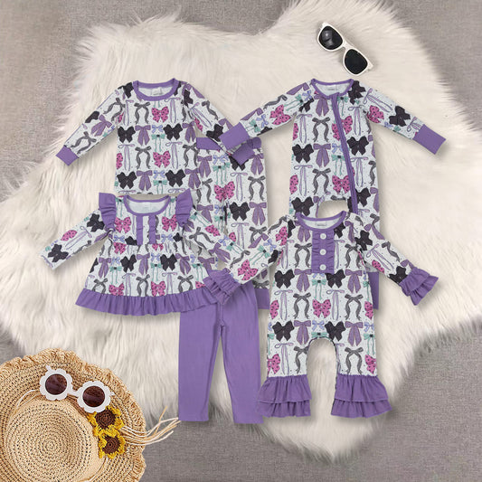 RTS NO MOQ Sibling Baby girls clothes Halloween bow purple long-sleeved trousers suit & rompers