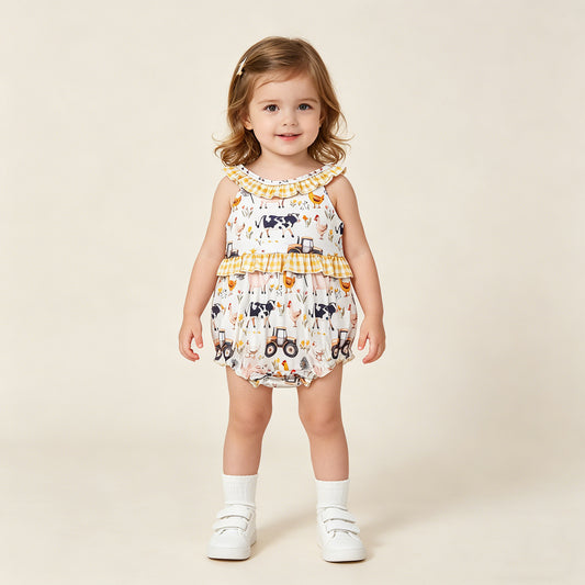 RTS NO MOQ SR3848 Baby Girls Farm Cows Trucks Collar Ruffle Rompers