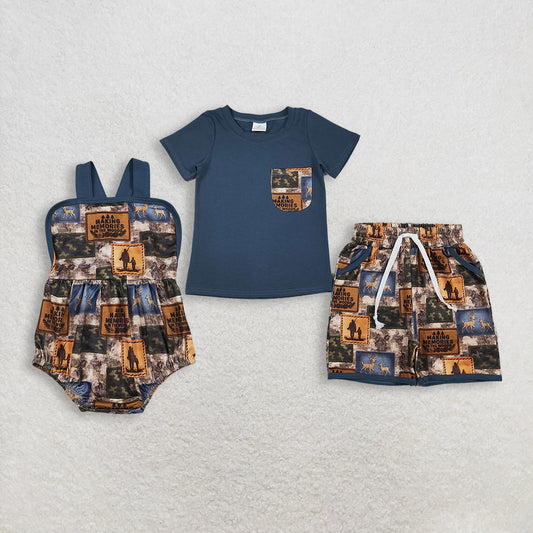 RTS NO MOQ Sibling Baby Boys Camouflage Checked Shirt with Pockets Deer Print And Shorts Set Hunting Romper Baby Boys Outfit