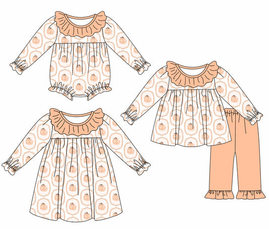 25.6.17 custom each style moq 5eta 4-6week Sibling Sisters pumpkin bow baby girl long sleeve pants sets and dress and rompers match family design