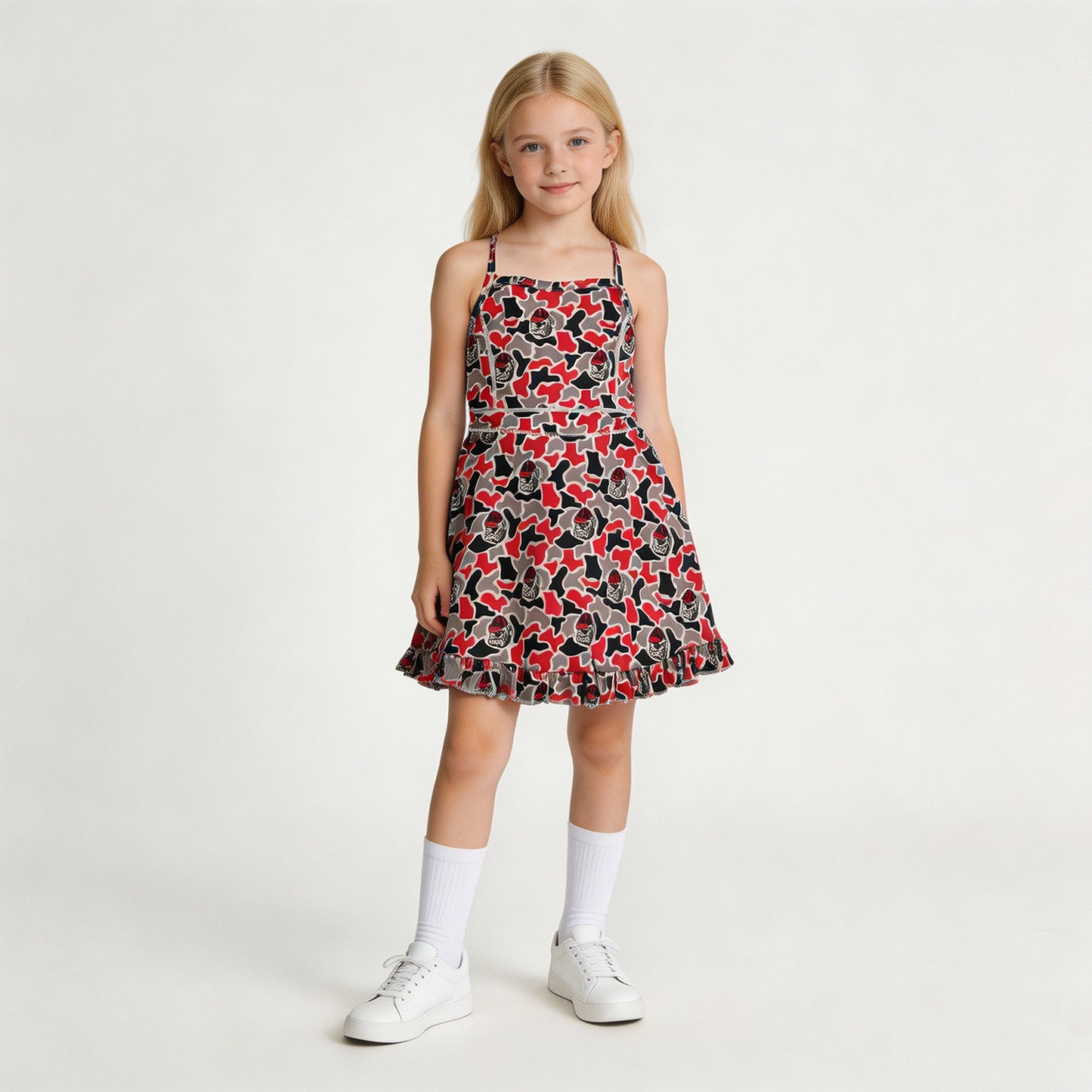 RTS NO MOQ yoga fabric GSD3593 Baby Girls Strap Camo Team Print Ruffle Knee Length Dress
