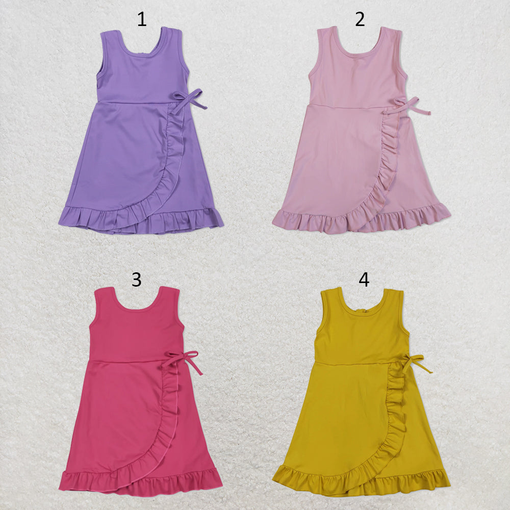 RTS NO MOQ Sibling yoga fabric cotton Baby Girls Ruffle Knee Length Dress With Built In Shorts Sleeveless Yoga Wear