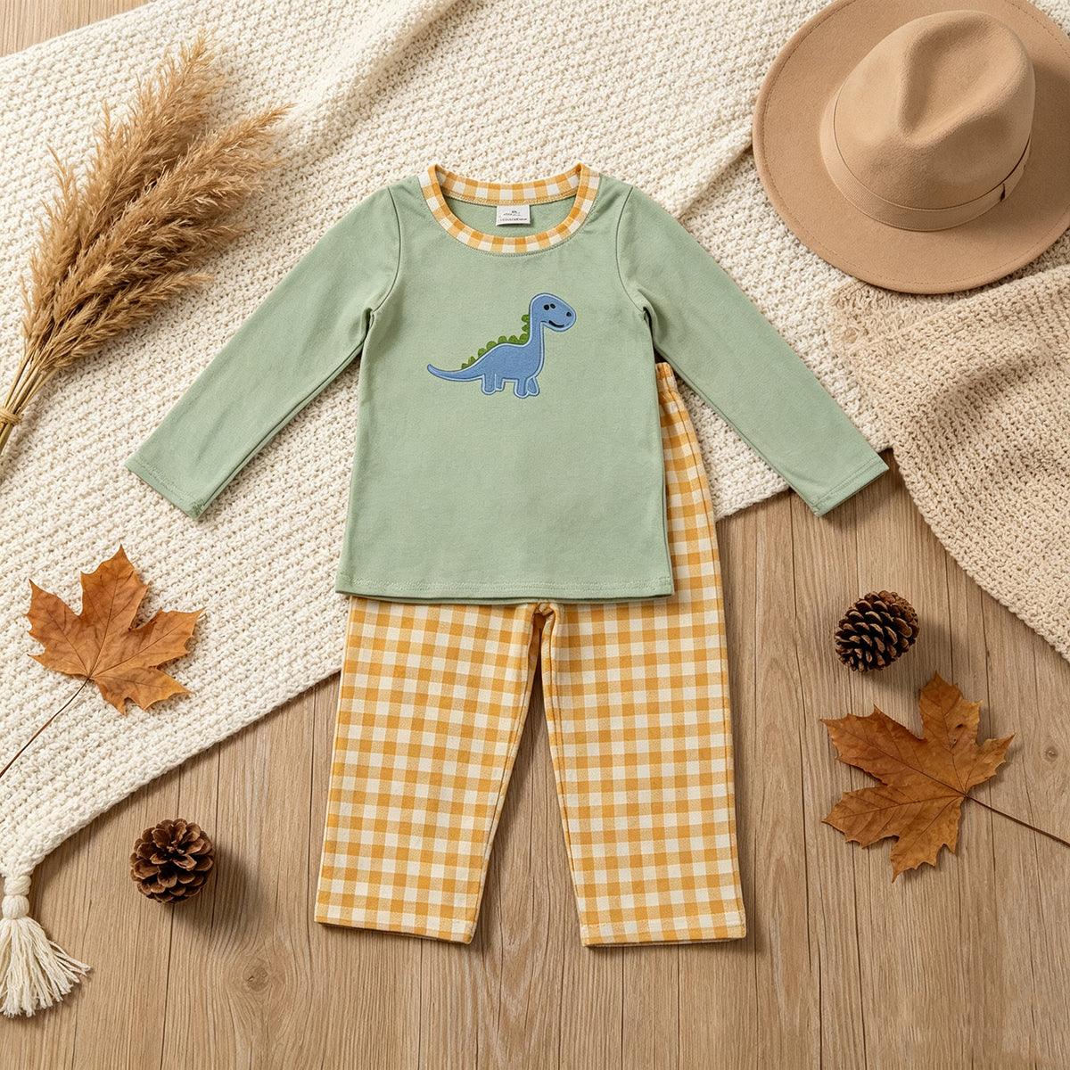 NEW RTS NO MOQ milk silk BLP1515 Embroidery Pumpkin Dinosaurs Baby Boys Top Checked Pants Fall Set