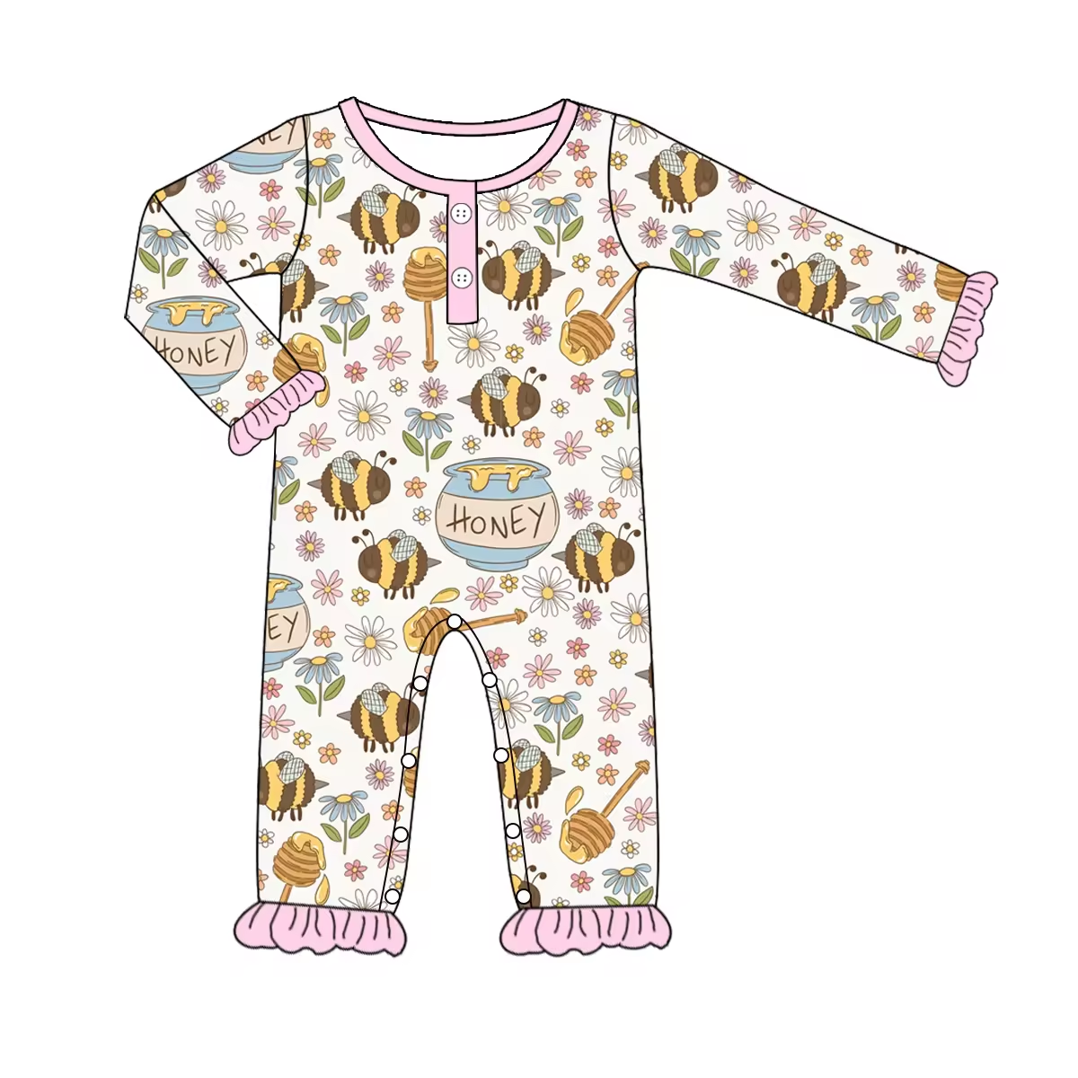 Custom moq 3 eta 6-8 weeks Honey Bee Pink Button Pullover-Lace Cuffs Long Climbing Suit