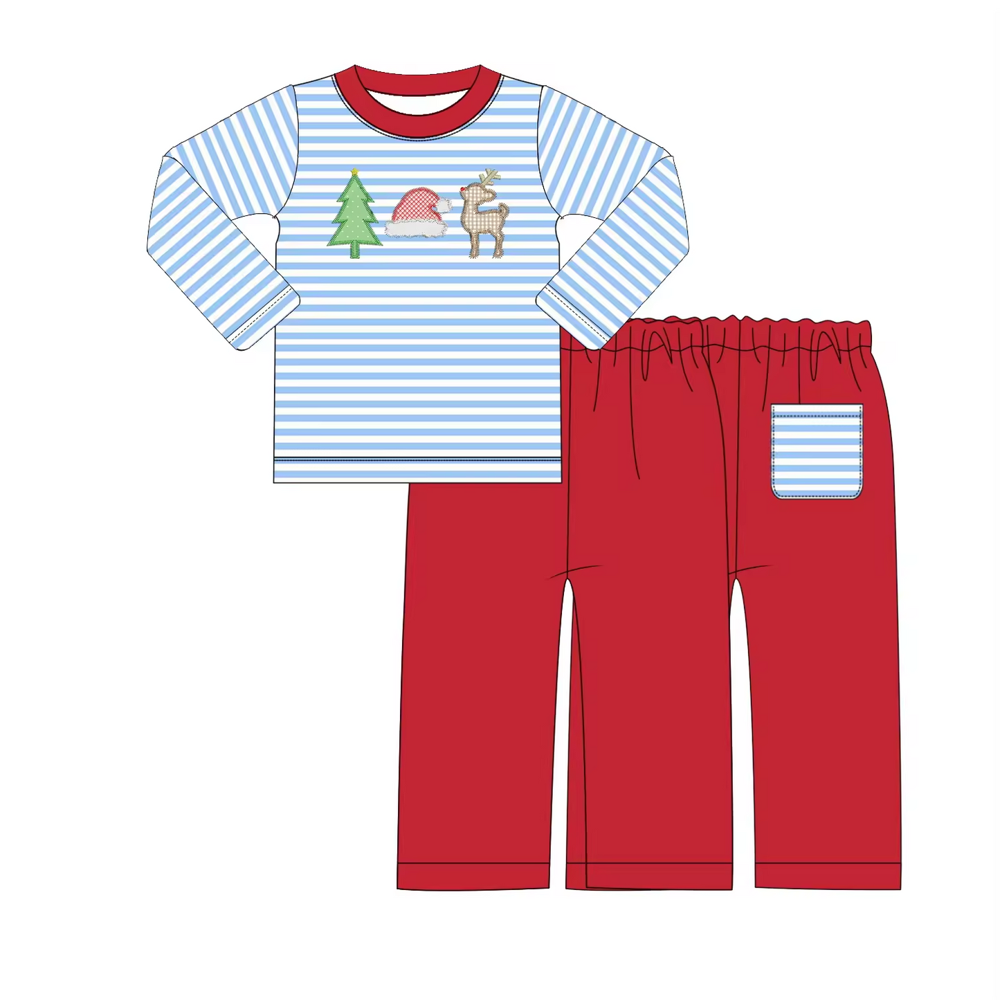 Custom moq 3 eta 6-8weeks Embroidered Christmas tree-hat-deer pattern red collar blue striped top-red trousers set (with pockets)