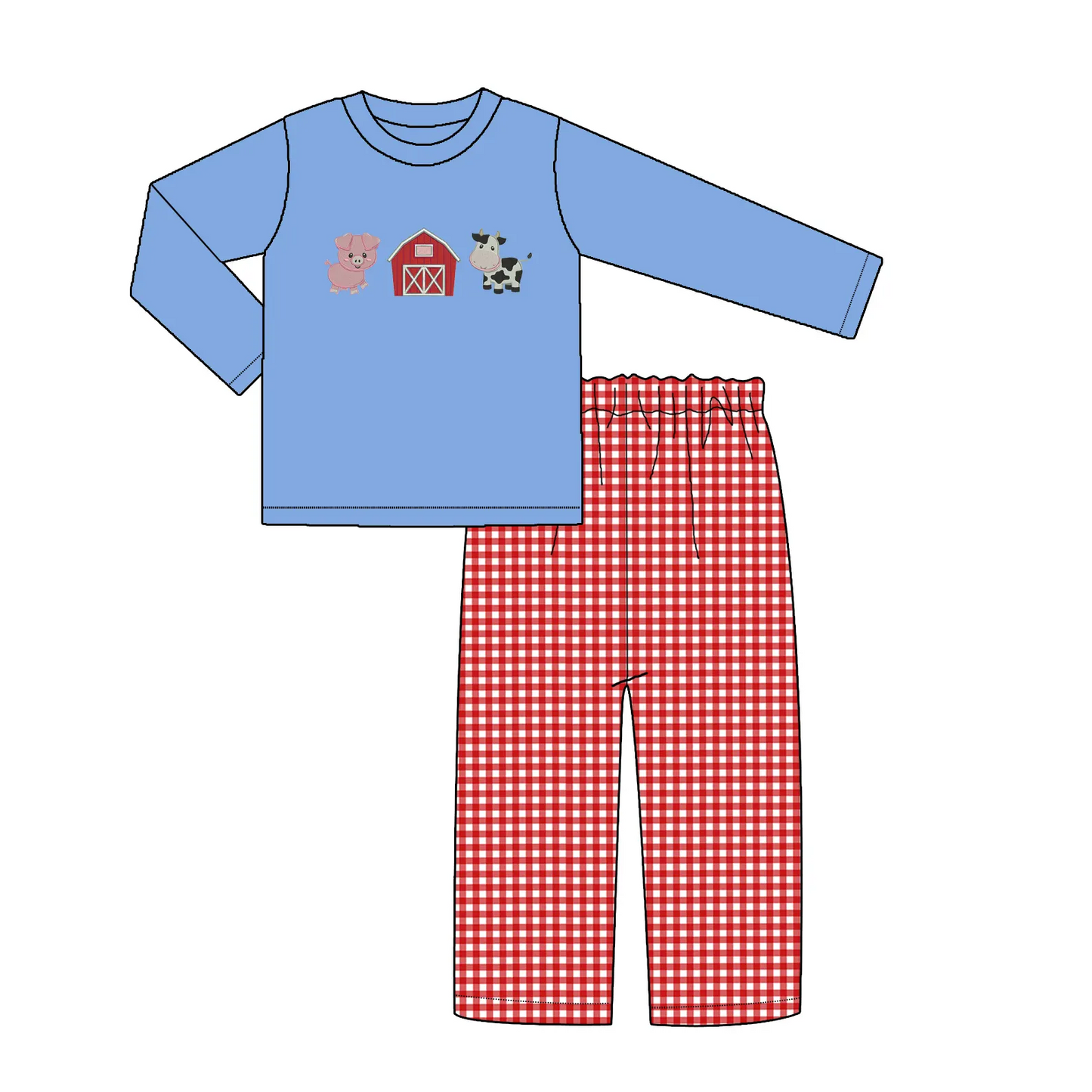 Custom moq 3 eta 7/8week moq 5 eta /4/5week Blue long-sleeved top with pig-house-cow pattern & red plaid trousers set