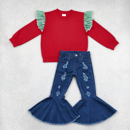 NEW RTS NO MOQ Denim GT1844+ P0133 Baby Girls Green White Striped Ruffle Shoulder Long Sleeve Red Top Distressed Ripped Frayed Hem Bell Bottom Flare Jeans Outfit
