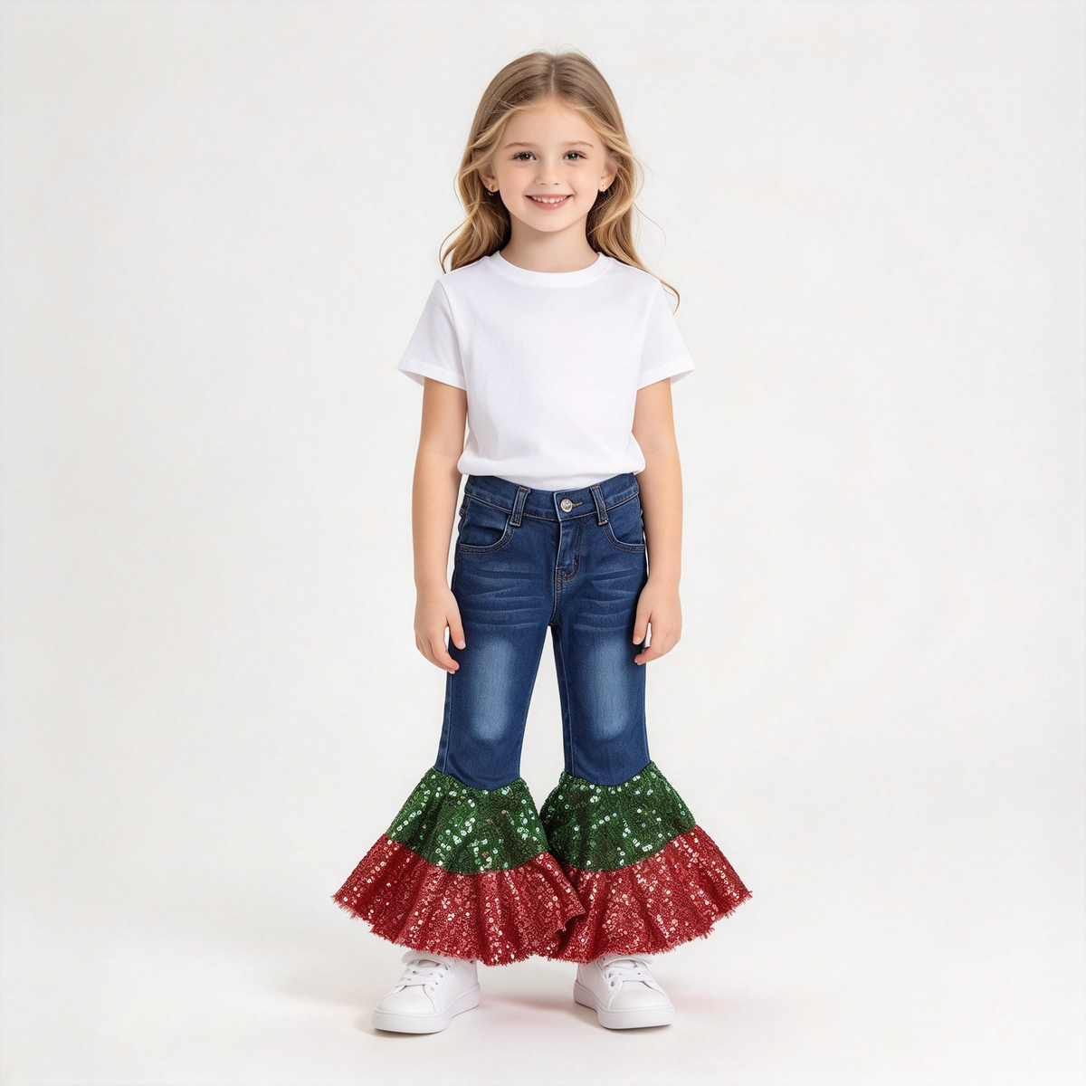 RTS NO MOQ Sibling Denim Baby Girls Denim Bell Bottom Jeans Colorful Sequin Patch Flare Hem