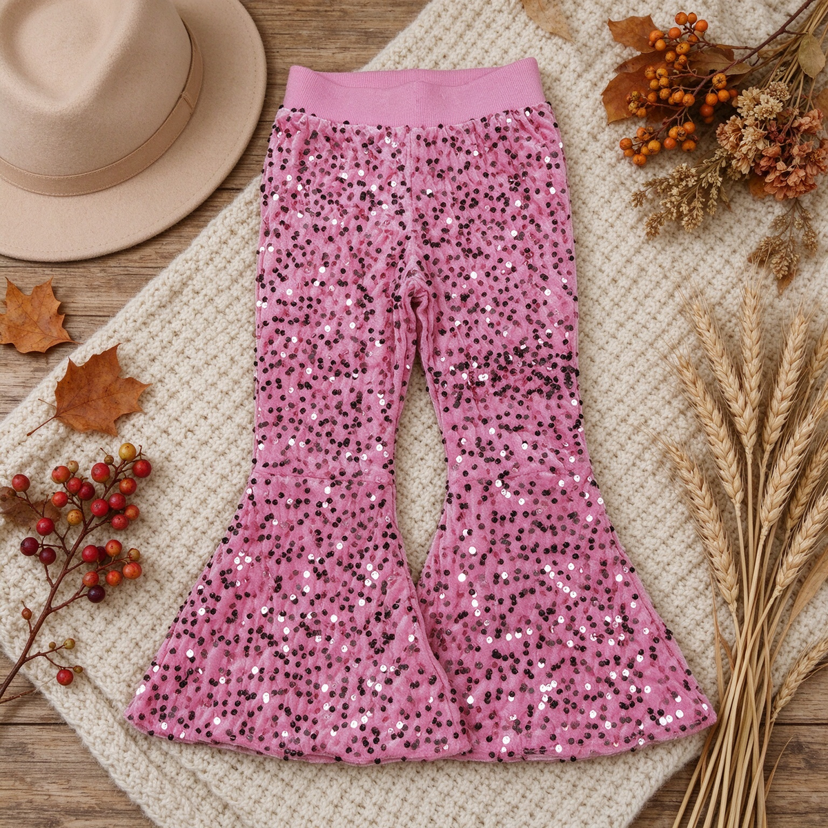 NEW RTS NO MOQ milk silk D5-27 Baby Girls Pink Sequin Bell Bottom Pants