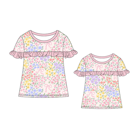 25.11.11 custom each style moq 5 eta 6-8week Sibling Sister bow floral short sleeve top and adult top match design