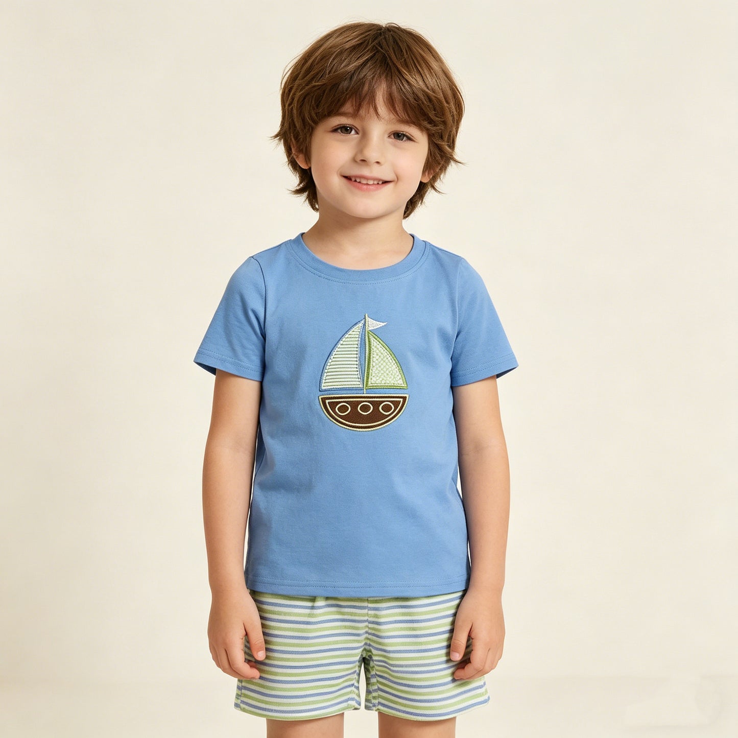 RTS NO MOQ BSSO1860 Baby Boys Cute Blue Shirt with Embroidery Boats Stripe Pocket Shorts Outfit Set