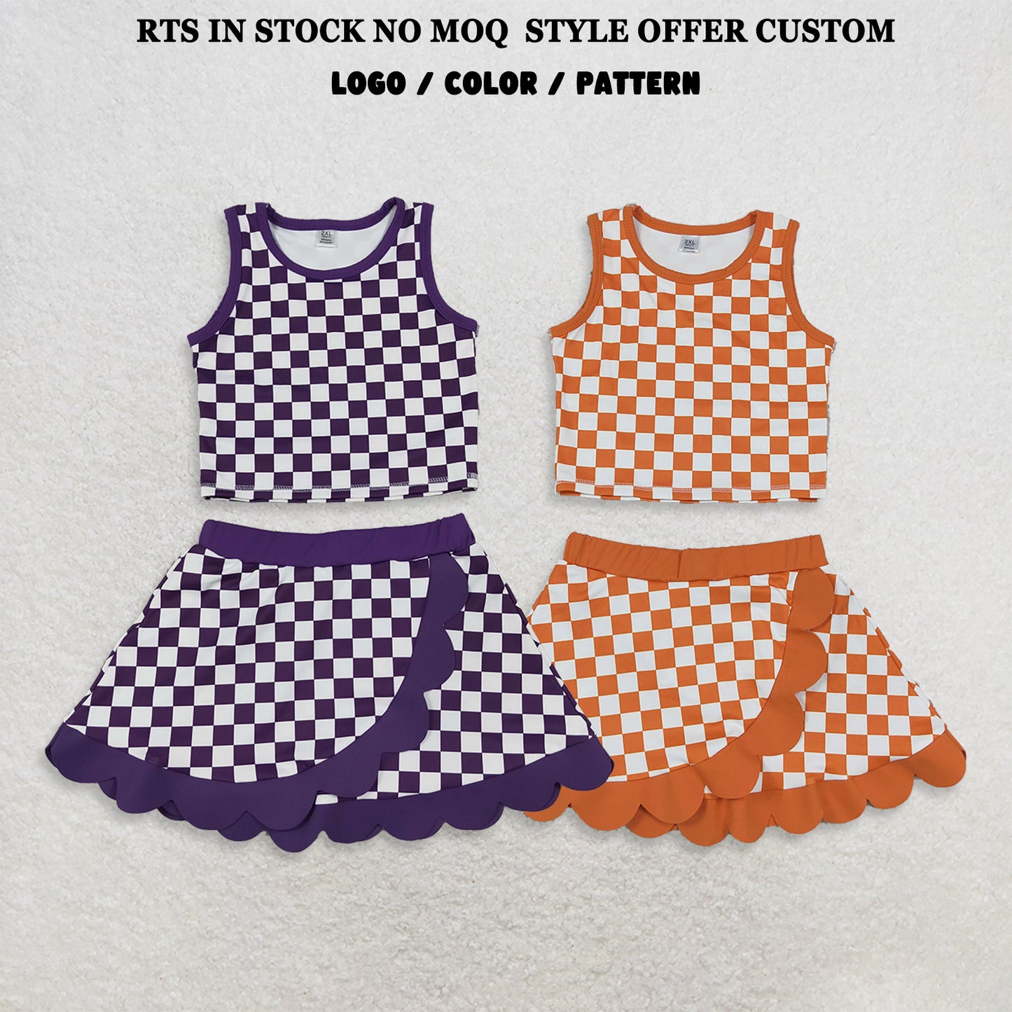 RTS NO MOQ Sibling yoga fabric Baby Girls Checked Vest Scallop Skirt Short Yoga Active Clothes Set