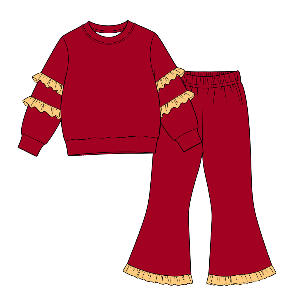 custom moq 5 cotton girls ruffle sets Baby girl orange long-sleeve ruffled top and ruffled flare pants set