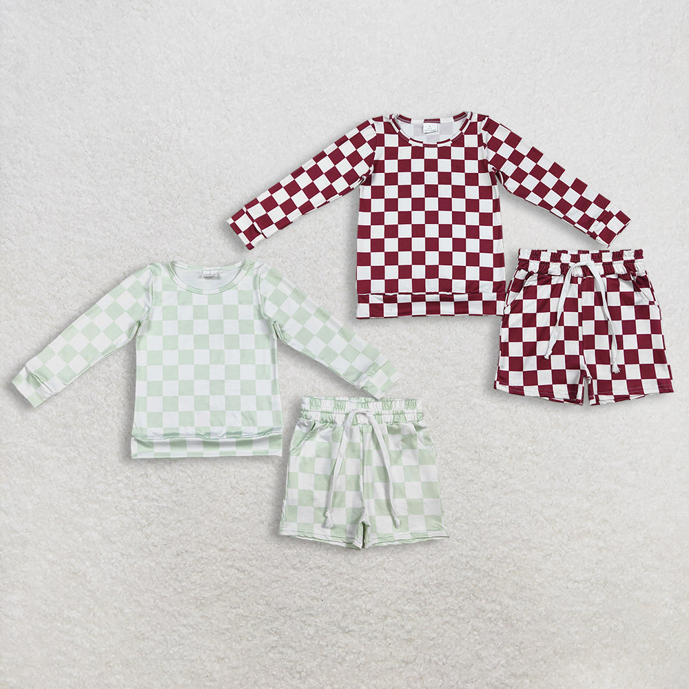 RTS NO MOQ Sibling Baby Girls Checked Long Sleeve Top with Pockets And Shorts Outfit Set Clothing Set for Infants