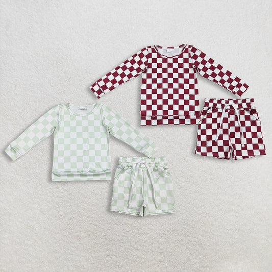 RTS NO MOQ Sibling Baby Girls Checked Long Sleeve Top with Pockets And Shorts Outfit Set Clothing Set for Infants