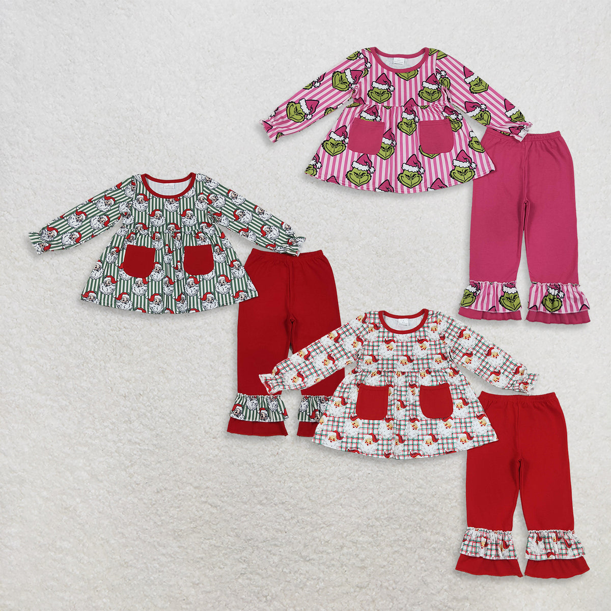 RTS NO MOQ Sibling milk silk Girls Christmas Print Long Sleeve Pocket Tunic Top And Ruffle Hem Pants Sibling Matching Outfit