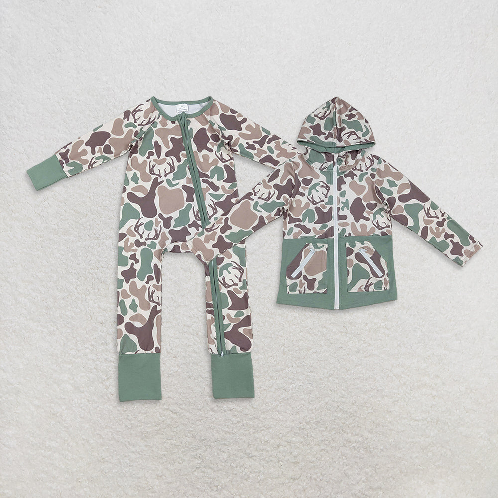 RTS NO MOQ Sibling Baby boys clothes camouflage hooded long-sleeved rompers and top