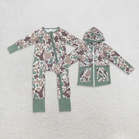 RTS NO MOQ Sibling Baby boys clothes camouflage hooded long-sleeved rompers and top