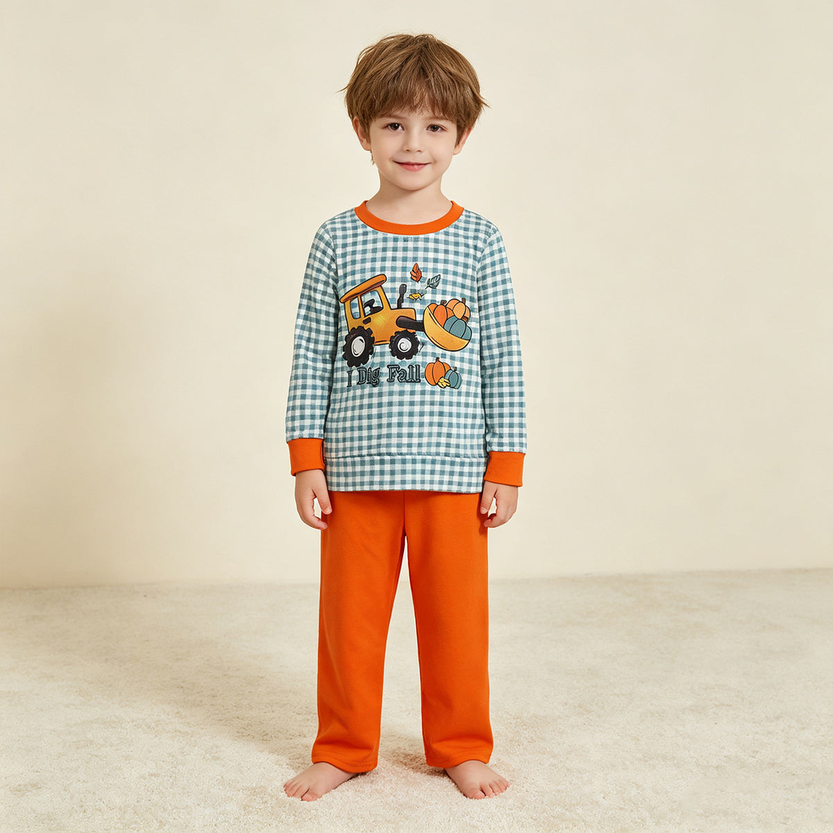 NEW RTS NO MOQ milk silk BLP1542 Baby Boys Pumpkins Truck Checked Top Pant Fall Set