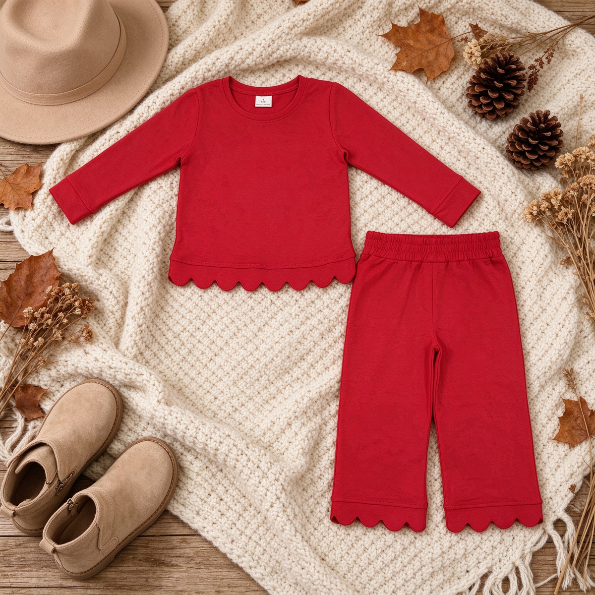NEW RTS NO MOQ cotton GLP2964 Baby Girls Red Scallop Trim Long Sleeve Top And Pants Set