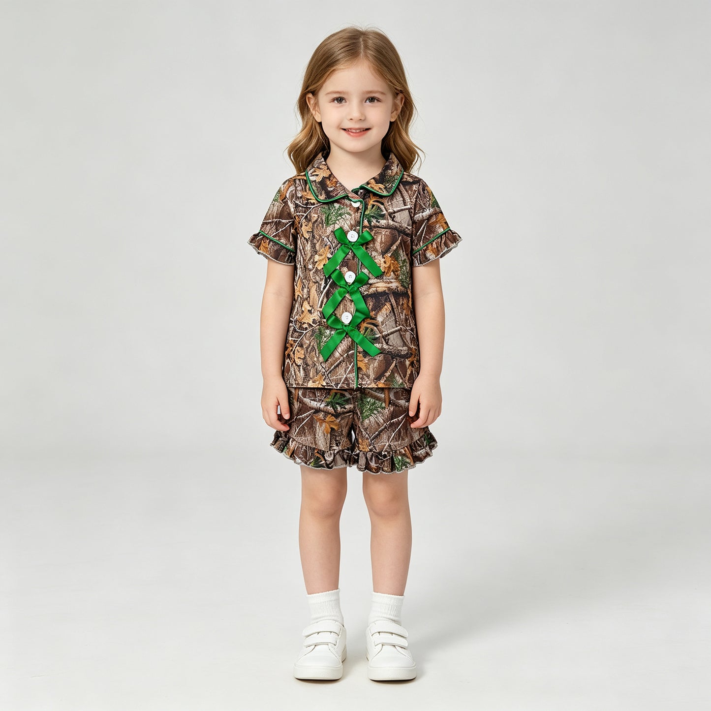 NEW RTS NO MOQ milk silk GSSO3365 Baby Girls Casual Leaf Camo Print Button Top Ruffle Shorts Hunting Pajama Set
