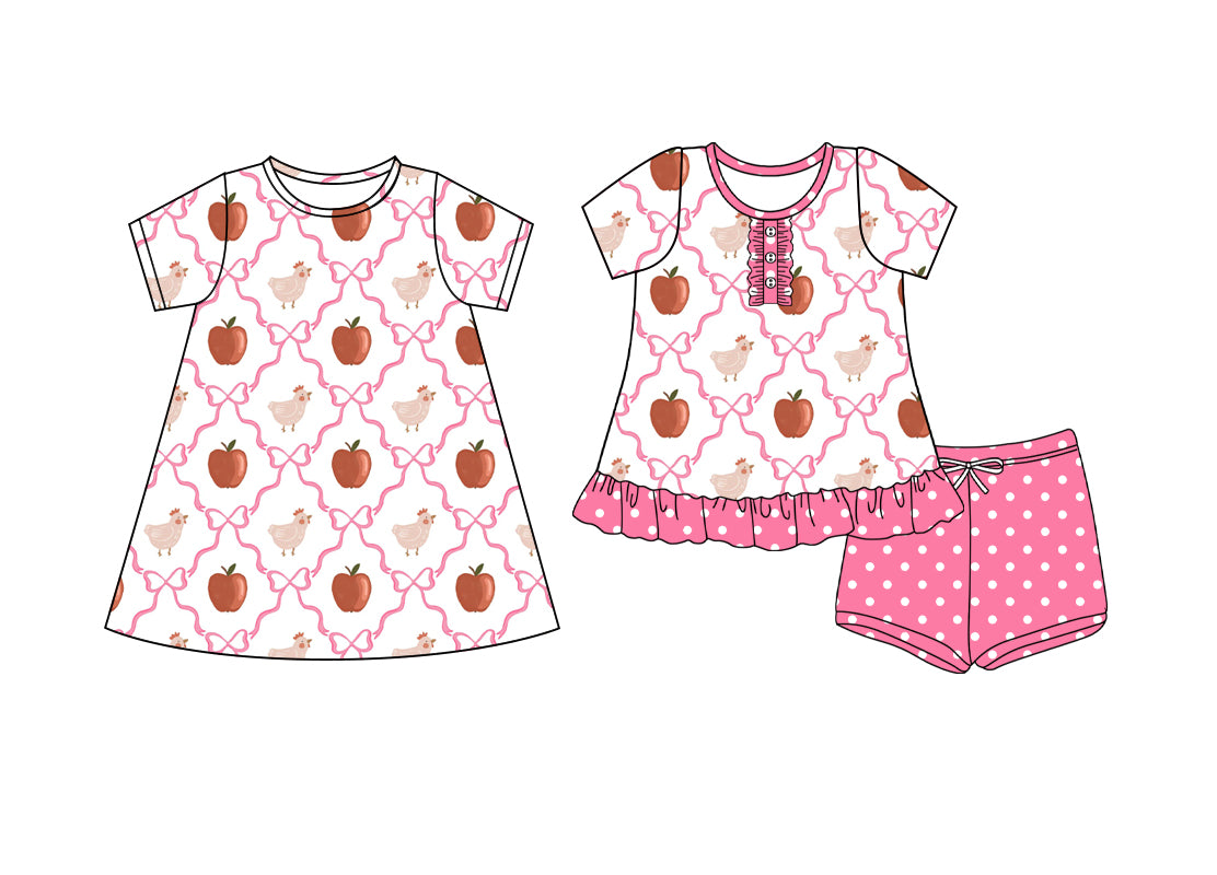 25.12.11 custom each style moq 5 eta 6-8week Sibling Sister apple bow baby short sleeve shorts sets and dress match design
