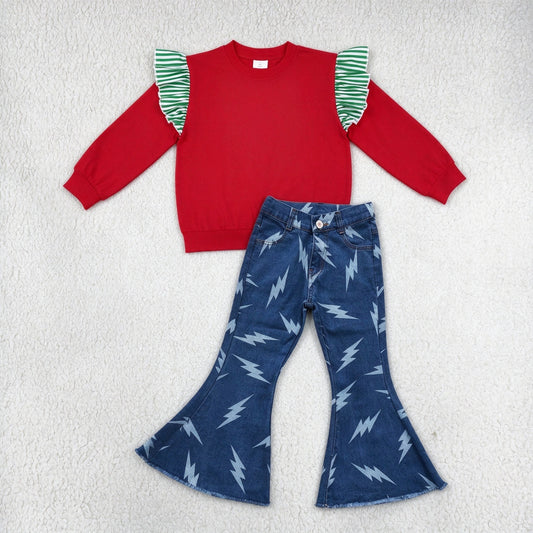 NEW RTS NO MOQ Denim GT1844+ P0128 Baby Girls Green White Striped Ruffle Shoulder Long Sleeve Red Top Lightning Bolt Print Frayed Hem Bell Bottom Flare Jeans Outfit