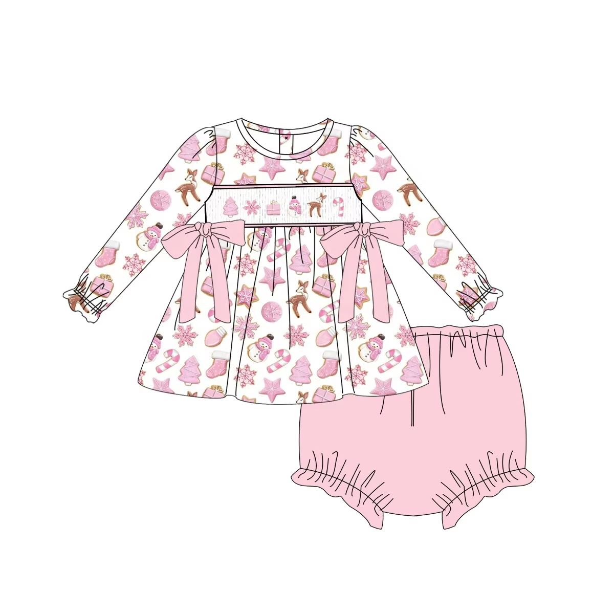 Custom moq 3 eta 6-8 weeks  Pink Snowflake Deer Bow Long Sleeve Shorts Set