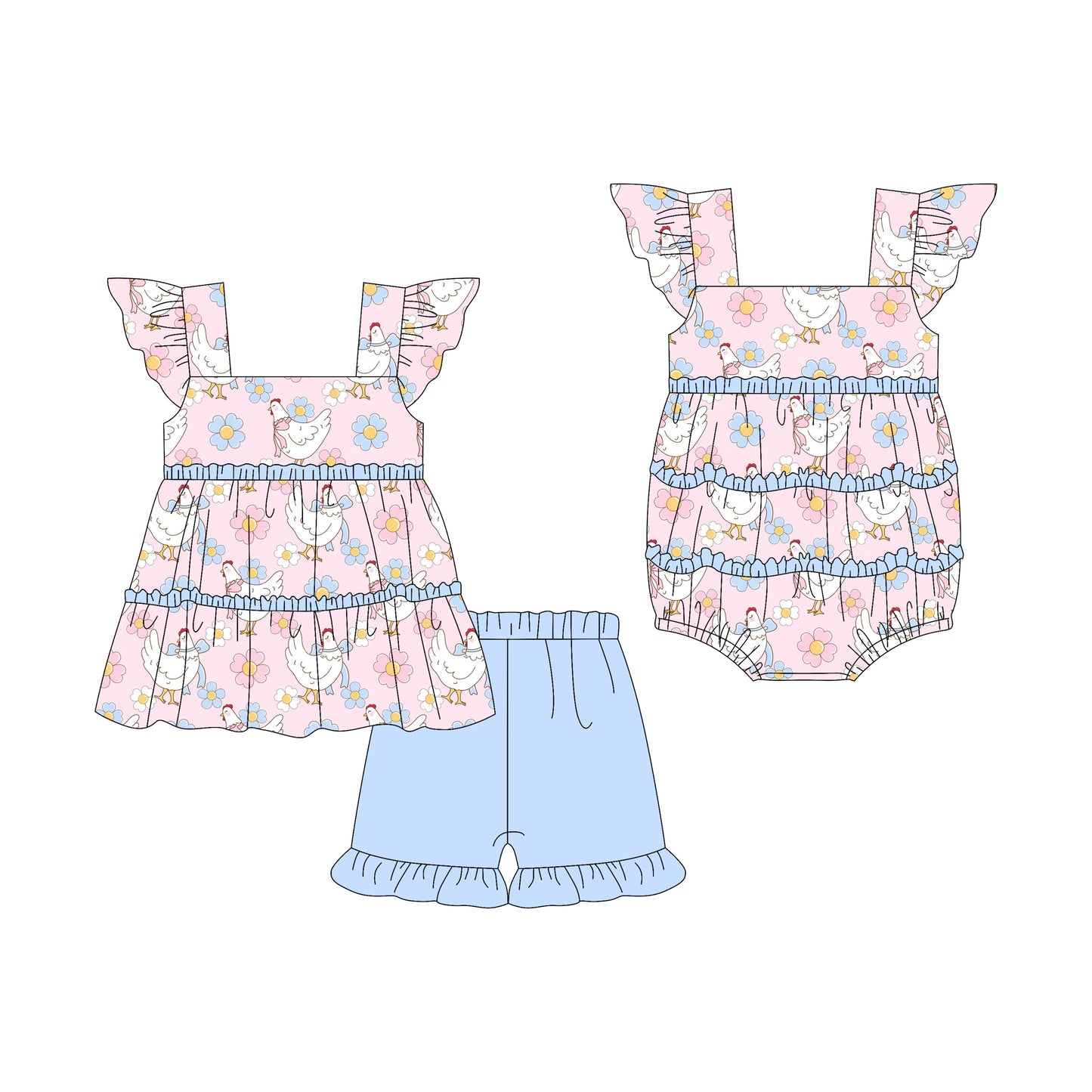 3.7 custom each style moq 5eta 4-6week Sibling Sister chicken floral baby girl short sleeve shorts sets and romper match design