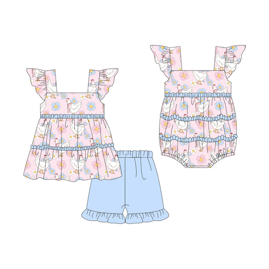 3.7 custom each style moq 5eta 4-6week Sibling Sister chicken floral baby girl short sleeve shorts sets and romper match design