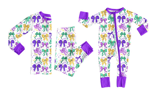 25.10.2 custom each style moq 8 eta 6-8week Sibling Sisters mardi gras bow baby girl clothes long sleeve pants sets and romper match family design