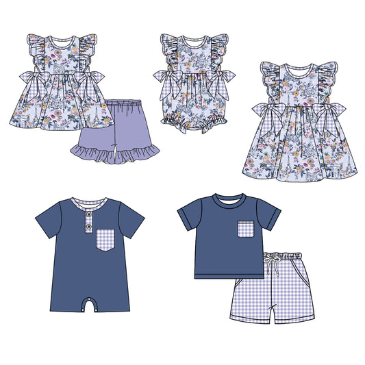 25.12.5 custom each style moq 5 eta 6-8week Sibling Sister floral baby short sleeve shorts sets 2 and romper 2 and dress match design
