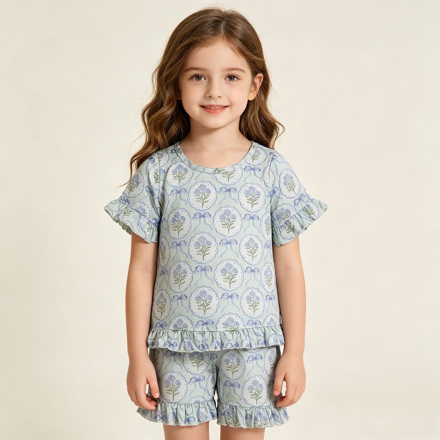 RTS NO MOQ GSSO3323 Baby Girls Cute Blue Bows Floral Top Ruffle Shorts Sleepwear Set