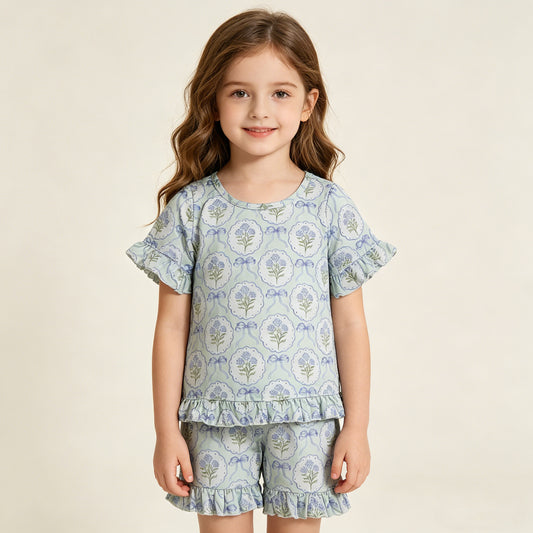RTS NO MOQ GSSO3323 Baby Girls Cute Blue Bows Floral Top Ruffle Shorts Sleepwear Set