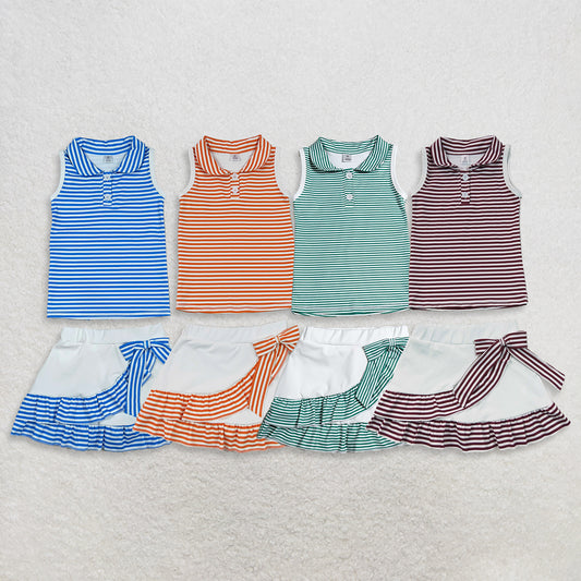 RTS NO MOQ Sibling yoga fabric Baby Girls Stripe Button Vest Ruffle Edge Built In Short Skort Yoga Set