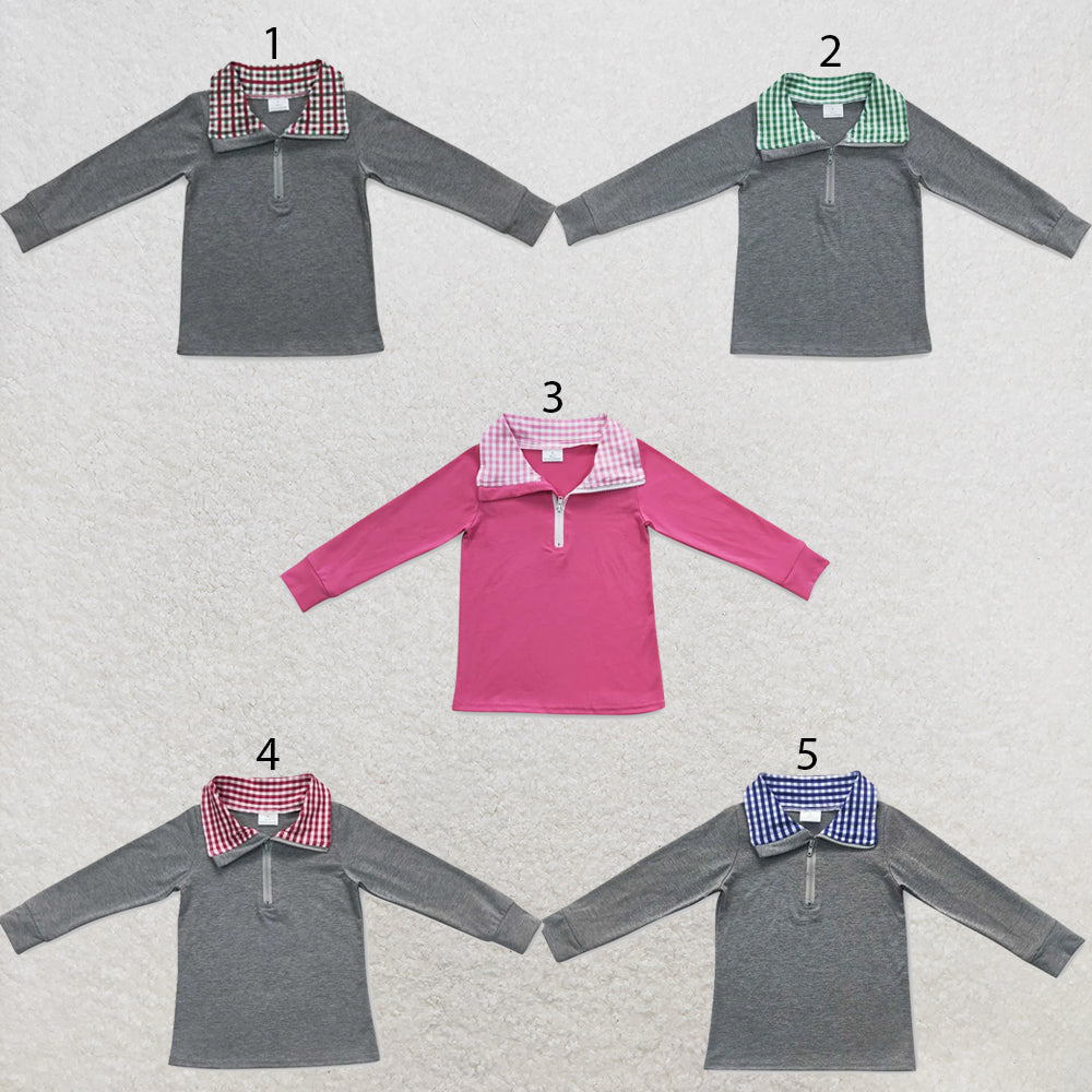 RTS NO MOQ Sibling milk silk Baby Kids Plaid Long Sleeve Pullover Tee Shirt Tops