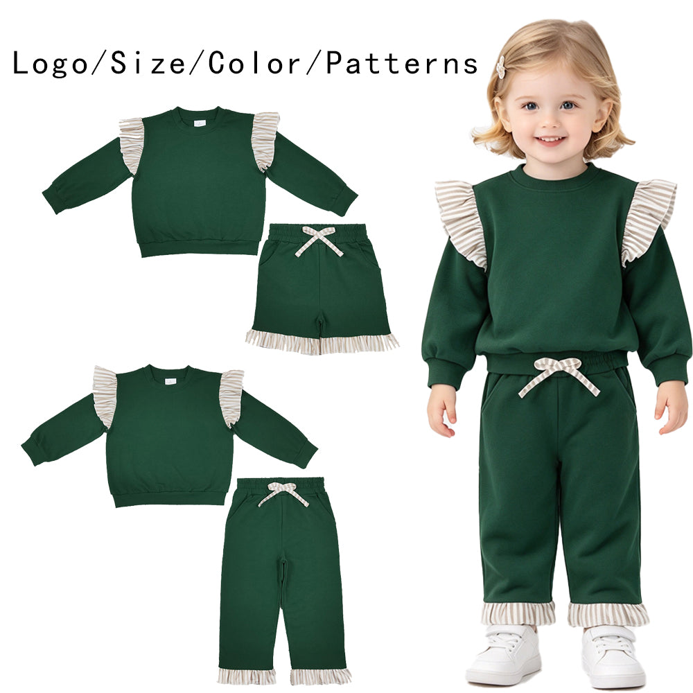 RTS NO MOQ Sibling cotton Baby Girls Green Stripe Ruffle Long Sleeve Top Pant Short Set
