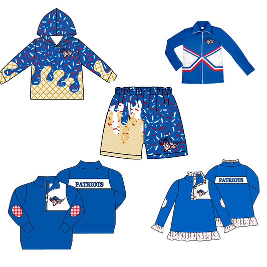 Custom moq 5 mix size milk silk baby girls clothes team blue hooded long sleeve tops and shorts and jacket and top 2-25.7.28