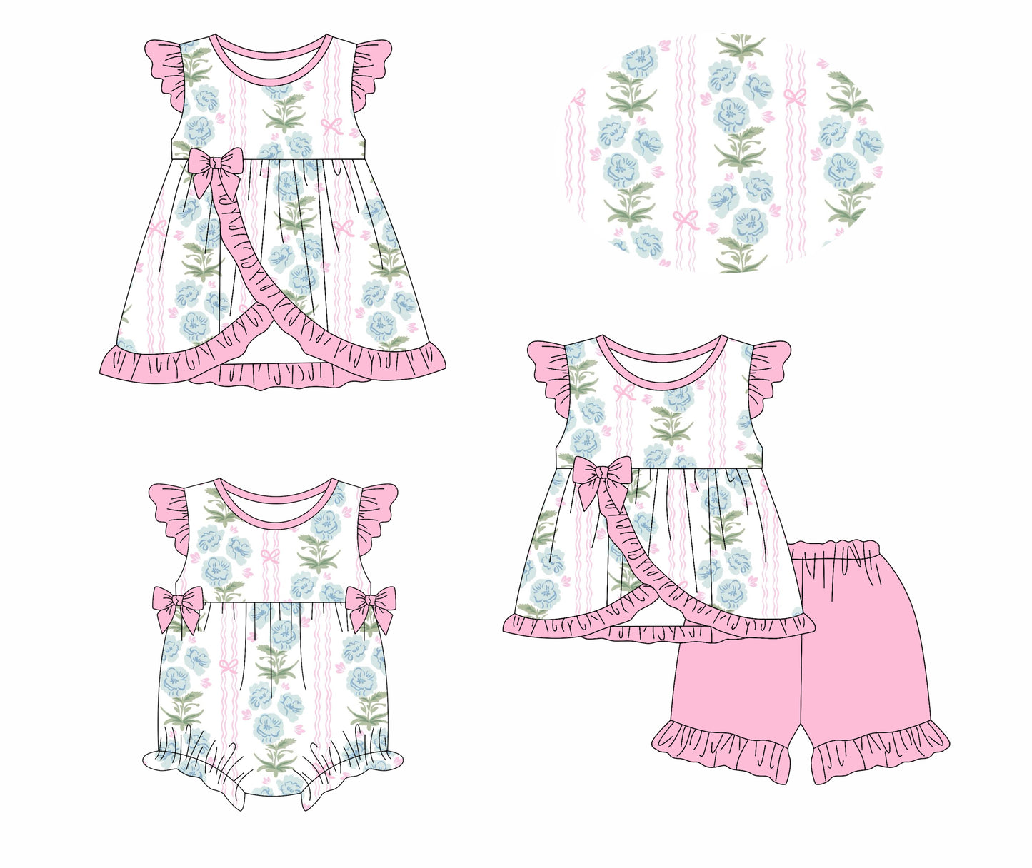 3.8 custom each style moq 5eta 4-6week Sibling Sisters baby girl short sleeve shorts sets and dress and rompers match family design