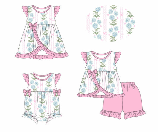 3.8 custom each style moq 5eta 4-6week Sibling Sisters baby girl short sleeve shorts sets and dress and rompers match family design