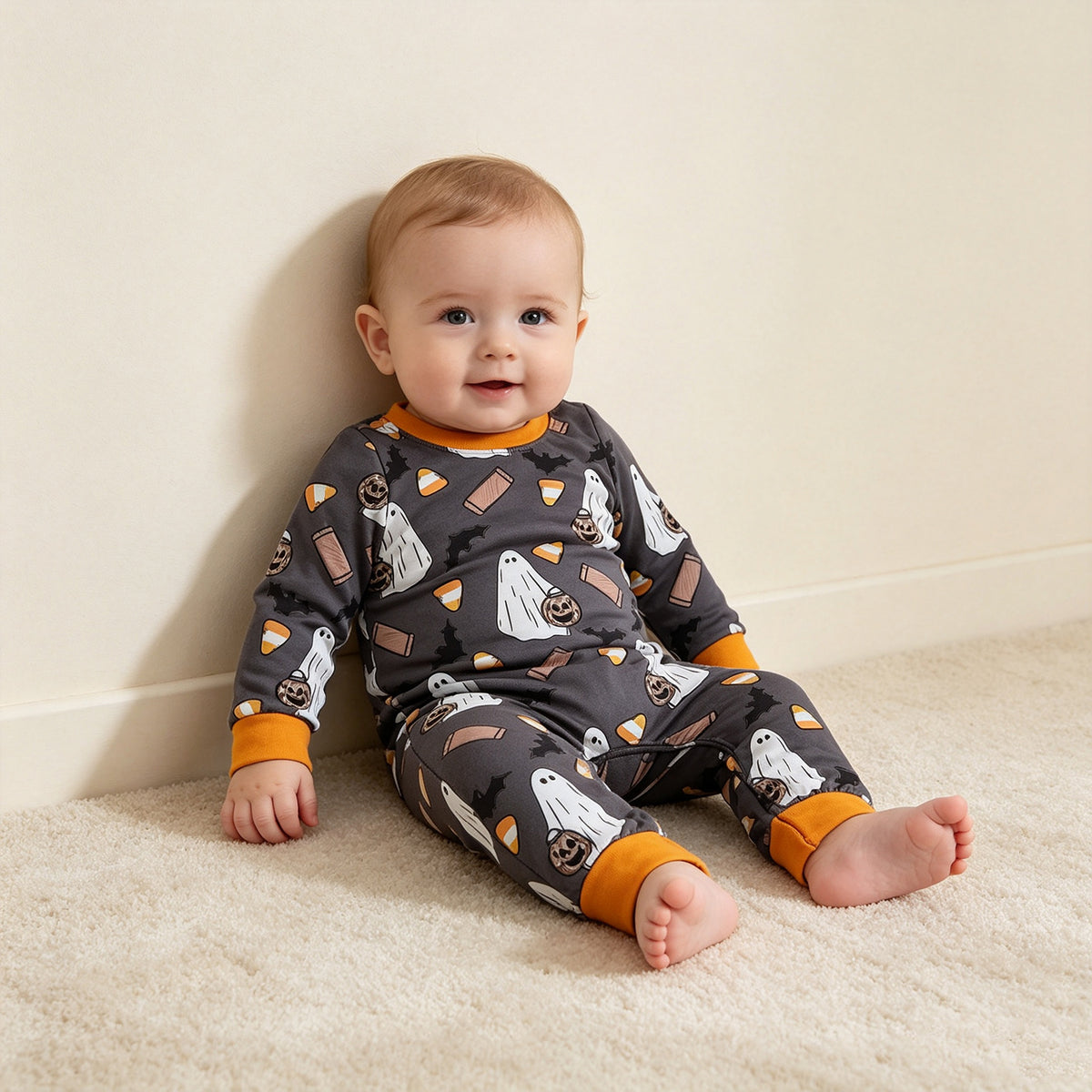 NEW RTS NO MOQ milk silk LR3241 Baby Boys Ghosts Pumpkins Halloween Long Sleeve Fall Romper