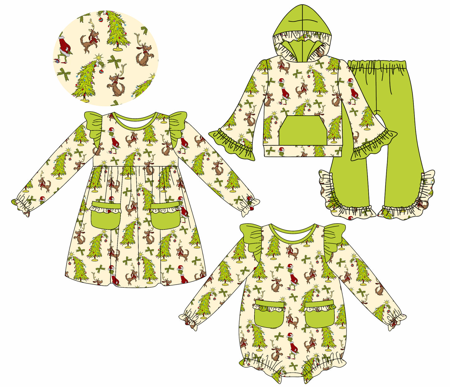 25.7.22 custom each style moq 5eta 4-6week Sibling Sisters Christmas green baby girl long sleeve pants sets and dress and rompers match family design