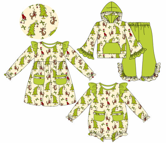25.7.22 custom each style moq 5eta 4-6week Sibling Sisters Christmas green baby girl long sleeve pants sets and dress and rompers match family design