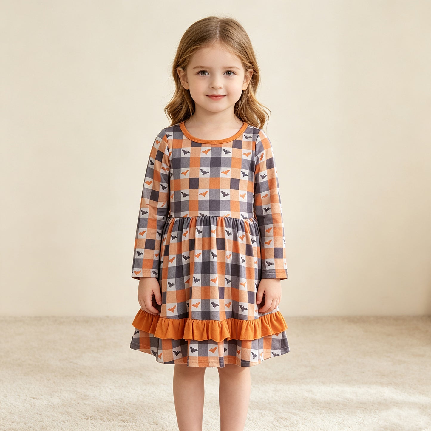 NEW RTS NO MOQ milk silk GLD1707 Baby Girls Long Sleeve Black White Checked Bat Print Ruffle Hem Knee Length Halloween Dress