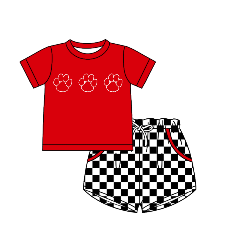 Custom moq 5 mix size milk silk summer teams Boy's Short Sleeved Red  Top Plaid Shorts Set Girl's Short-Sleeved Set with Matching Swimsuits Adult Shorts